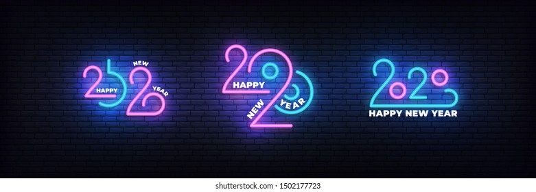 2020 Happy New Year neon set. Glowing 2020 New Year typography sign