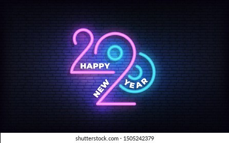 2020 Happy New Year neon sign. Glowing 2020 New Year typography design template