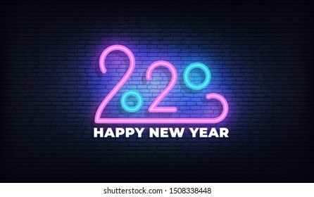 2020 Happy New Year neon sign. Glowing 2020 New Year typography design template