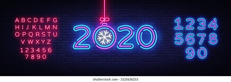 2020 Happy New Year Neon sign Vector. New Year neon poster, design template, modern trend design, night signboard, night bright advertising, light banner, light art. Vector. Editing text neon sign