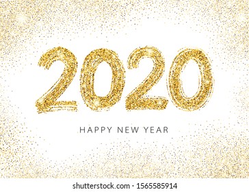 2020 Happy New Year. Numeral text hand lettering. Dry brush gold texture glitter effect. Merry Christmas and happy new year 2020. Design typography poster, banner or greeting card. Vector Illustration