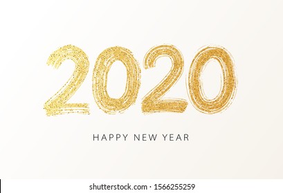 2020 Happy New Year. Numeral text hand lettering. Dry brush gold texture glitter effect. Merry Christmas and happy new year 2020. Design typography poster, banner or greeting card. Vector Illustration