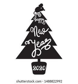 2020 Happy New Year on Fir-tree Silhouette Banner. Numbers Two Thousand Twenty on Pine Tree Decorated Rat Mouse on Top. Pinetree in Pot Monochrome Poster Vector Flat Cartoon Illustration