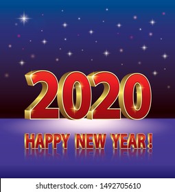 2020 Happy New Year on blue background with stars in three-dimensional image. Vector illustration date 2020 for poster or banner