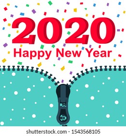 2020 Happy New year. Opens up zipper with 2020. Colored confetti. Vector flat design. Isolated on white background. Merry Christmas.