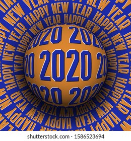 2020 Happy New Year optical illusion greeting card. Patterned sphere rolling on rotating surface.