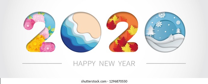 2020 happy new year paper art with spring, summer, autumn and winter. Vector illustration.
