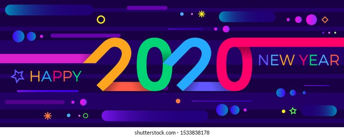 2020 Happy New Year. Paper Memphis geometric bright style for holidays flyers, greetings, invitations, Happy New Year or Merry Christmas cards. Holiday background, poster, banner. Vector Illustration.