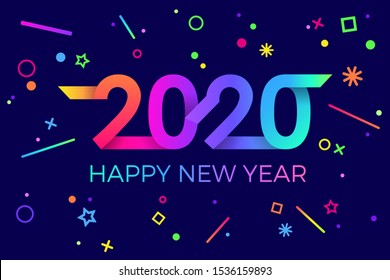 2020 Happy New Year. Paper Memphis geometric bright style for holidays flyers, greetings, invitations, Happy New Year or Merry Christmas cards. Holiday background, poster, banner. Vector Illustration.