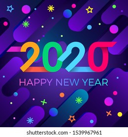 2020 Happy New Year. Paper Memphis geometric bright style for holidays flyers, greetings, invitations, Happy New Year or Merry Christmas cards. Holiday background, poster, banner. Vector Illustration.