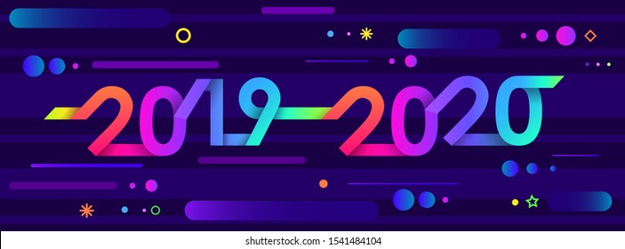 2020 Happy New Year. Paper Memphis geometric bright style for holidays flyers, greetings, invitations, Happy New Year or Merry Christmas cards. Holiday background, poster, banner. Vector Illustration.