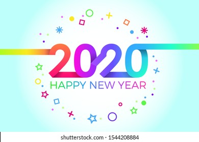 2020 Happy New Year. Paper Memphis geometric bright style for holidays flyers, greetings, invitations, Happy New Year or Merry Christmas cards. Holiday background, poster, banner. Vector Illustration.