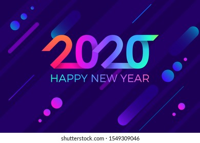 2020 Happy New Year. Paper Memphis geometric bright style for holidays flyers, greetings, invitations, Happy New Year or Merry Christmas cards. Holiday background, poster, banner. Vector Illustration.