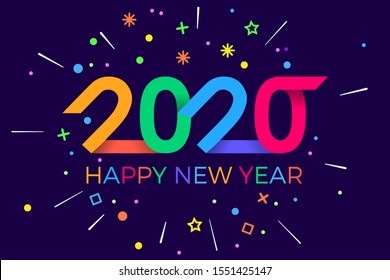 2020 Happy New Year. Paper Memphis geometric bright style for holidays flyers, greetings, invitations, Happy New Year or Merry Christmas cards. Holiday background, poster, banner. Vector Illustration.