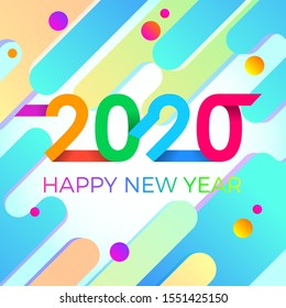 2020 Happy New Year. Paper Memphis geometric bright style for holidays flyers, greetings, invitations, Happy New Year or Merry Christmas cards. Holiday background, poster, banner. Vector Illustration.