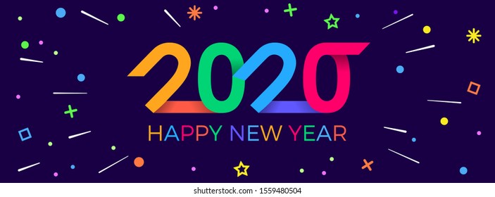 2020 Happy New Year. Paper Memphis geometric bright style for holidays flyers, greetings, invitations, Happy New Year or Merry Christmas cards. Holiday background, poster, banner. Vector Illustration.