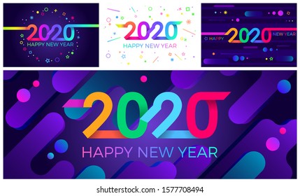 2020 Happy New Year. Paper Memphis geometric bright style for holidays flyers, greetings, invitations, Happy New Year or Merry Christmas cards. Holiday background, poster, banner. Vector Illustration.