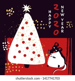 2020 Happy new year party postcard, poster with rat, mice. Lunar horoscope sign mouse.  Silhouette funny grunge sketch mouse with white fir-tree with abstract garland toy. Chinese Happy new year 2020.