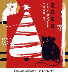 2020 Happy new year party postcard, poster with rat, mice. Lunar horoscope sign mouse.  Silhouette funny grunge sketch mouse with white fir-tree with abstract garland toy. Chinese Happy new year 2020.