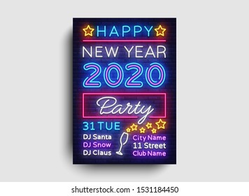 2020 Happy New Year Party Poster Neon Vector. 2020 New Year Design template for Seasonal Flyers and Greetings Card or Christmas themed invitations. Light Banner. Vector Illustration.