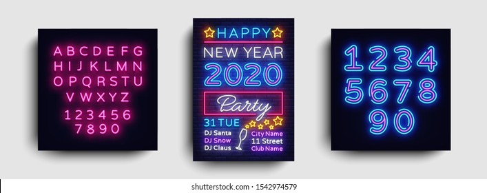 2020 Happy New Year Party Poster Neon Vector. 2020 New Year Design template for Seasonal Flyers and Greetings Card or Christmas themed invitations. Light Banner. Vector. Editing text neon sign.