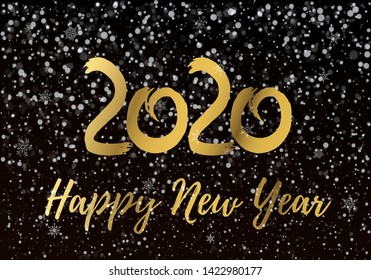 2020 happy new year postcard with falling snow in the dark, frozen numbers 2020, snowdrifts, flat style design vector illustration on black background. Year of the metal rat.