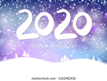 2020 happy new year postcard with falling snow on blue sky, frozen numbers 2020, snowdrifts, flat style design vector illustration on mesh background. Year of the metal rat.