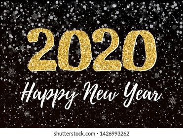 2020 happy new year postcard with falling snow in the dark, frozen numbers 2020, snowdrifts, flat style design vector illustration on black background. Year of the metal rat.