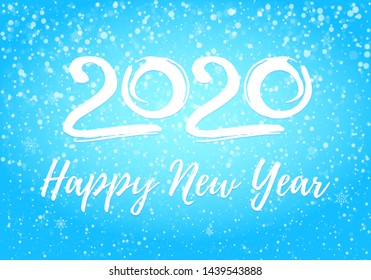 2020 happy new year postcard with falling snow on blue sky, frozen numbers 2020, snowdrifts, flat style design vector illustration on gradient background. Year of the metal rat.