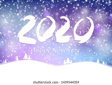2020 happy new year postcard with falling snow on blue sky, frozen numbers 2020, snowdrifts, flat style design vector illustration on mesh background. Year of the metal rat.
