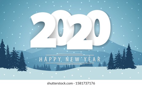2020, Happy New Year, postcard with white volumetric numbers and winter landscape with mountains on the horizon, pine forest and snow on background