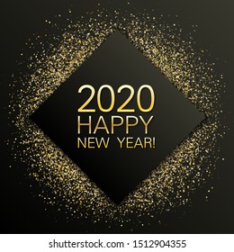 2020 Happy New Year poster with gold glitter chic glowing confetti on black background. Geometric frame with glittering gold sparkle tinsels. New Year premium vector template.