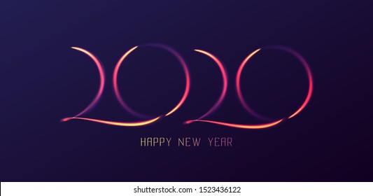 2020 happy new year poster or card. abstract colourful neon lights forming numbers in the sky