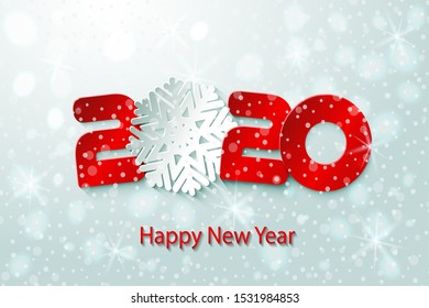 2020 Happy New Year poster with fairy winter background. Numbers and snowflake cut from paper. Vector Illustration for holiday greeting card, invitation, calendar or banner.