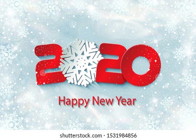 2020 Happy New Year poster with fairy winter background. Numbers and snowflake cut from paper. Vector Illustration for holiday greeting card, invitation, calendar or banner.