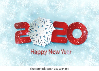 2020 Happy New Year poster with fairy winter background. Numbers and snowflake cut from paper. Vector Illustration for holiday greeting card, invitation, calendar or banner.