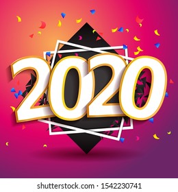 2020 Happy New Year poster. Greeting card inscription Happy New Year 2020. Shape modern geometric bright style for Happy New Year or Merry Christmas. Holiday background, banner. Vector Illustration