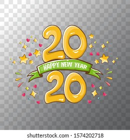 2020 Happy New Year poster or card design template. Vector happy new year greeting illustration with colored hand drawn 2020 numbers isolated on transparent background