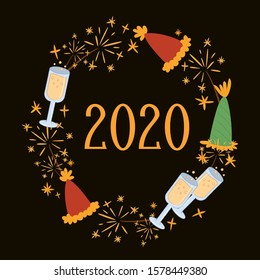 2020 Happy New Year Poster decorated with wreath of shining stars, party hats, glass of champagne. Vector isolated graphic design elements and illustration. seasonal, winter, holiday, event.