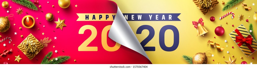 2020 Happy New Year Promotion Poster or banner with golden gift box and christmas decoration elements. Change or open to new year 2020 concept. Promotion and shopping template for New Year.Vector EPS10