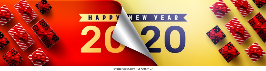 2020 Happy New Year Promotion Poster Or Banner With Open Gift Wrap Paper And Gift Box. Change Or Open To New Year 2020 Concept. Promotion And Shopping Template For New Year. Vector EPS10