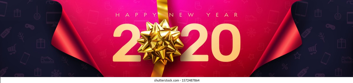 2020 Happy New Year Promotion Poster or banner with Christmas Gift Bow in gold color.Change or open to new year 2020 concept.Promotion and shopping template for New Year.Vector EPS10