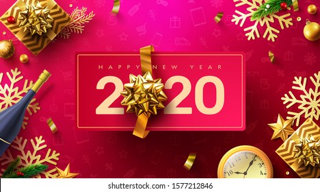 2020 Frohes New Year Promotion Poster oder Banner mit goldenem Geschenkbox und Weihnachtsdekorationselementen.Neu 2020 Konzept ändern oder öffnen.Werbegeschenk- und Shopping-Vorlage für Neujahr.Vector EPS10