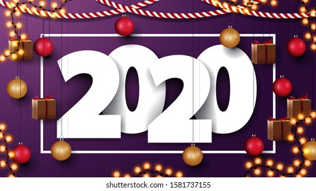 2020, happy New Year, purple postcard with white volumetric numbers with gifts and balloons floating in the air