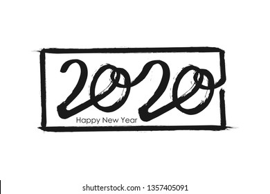 2020 Happy New Year of the Rat greeting card font. Chinese ink brush black calligraphy. Grunge dark number in hand drawn frame lettering on white background. Vector illustration