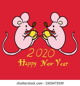 2020 happy new year rat. Two mice with Christmas balls in the paws. Template on a red background. Vector illustration