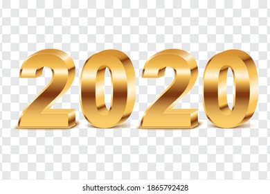 2020 Happy New Year. Realistic 3d numbers symbol. Holiday vector illustration of golden metallic calligraphic numbers 2020. Festive poster or banner design. Modern lettering sign composition