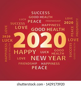 2020 Happy New Year red and gold greeting card. Vector illustration.