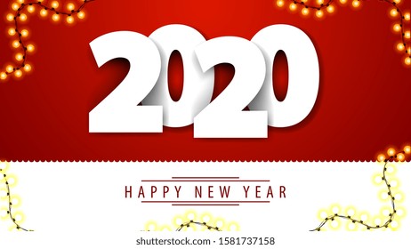 2020, happy New Year, red greeting postcard with white volumetric numbers on red background. Template for website