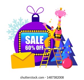 2020 Happy New Year Sale and  Merry Christmas card.
Small people are preparing for holiday.
Modern Cartoon Flat Design Concept for website, Mobile app page, Landing Page. Vector illustration